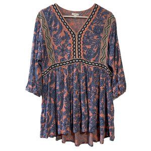 J Jill Boho Tunic Dress Orange Blue Embroidered Cotton Blend High Low Sz M Top